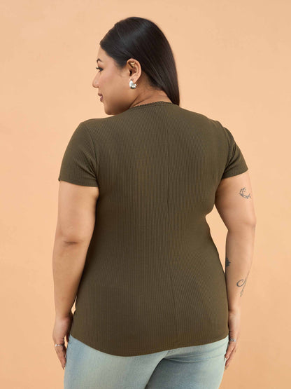 Olive Rib Front Ruched Lace Top