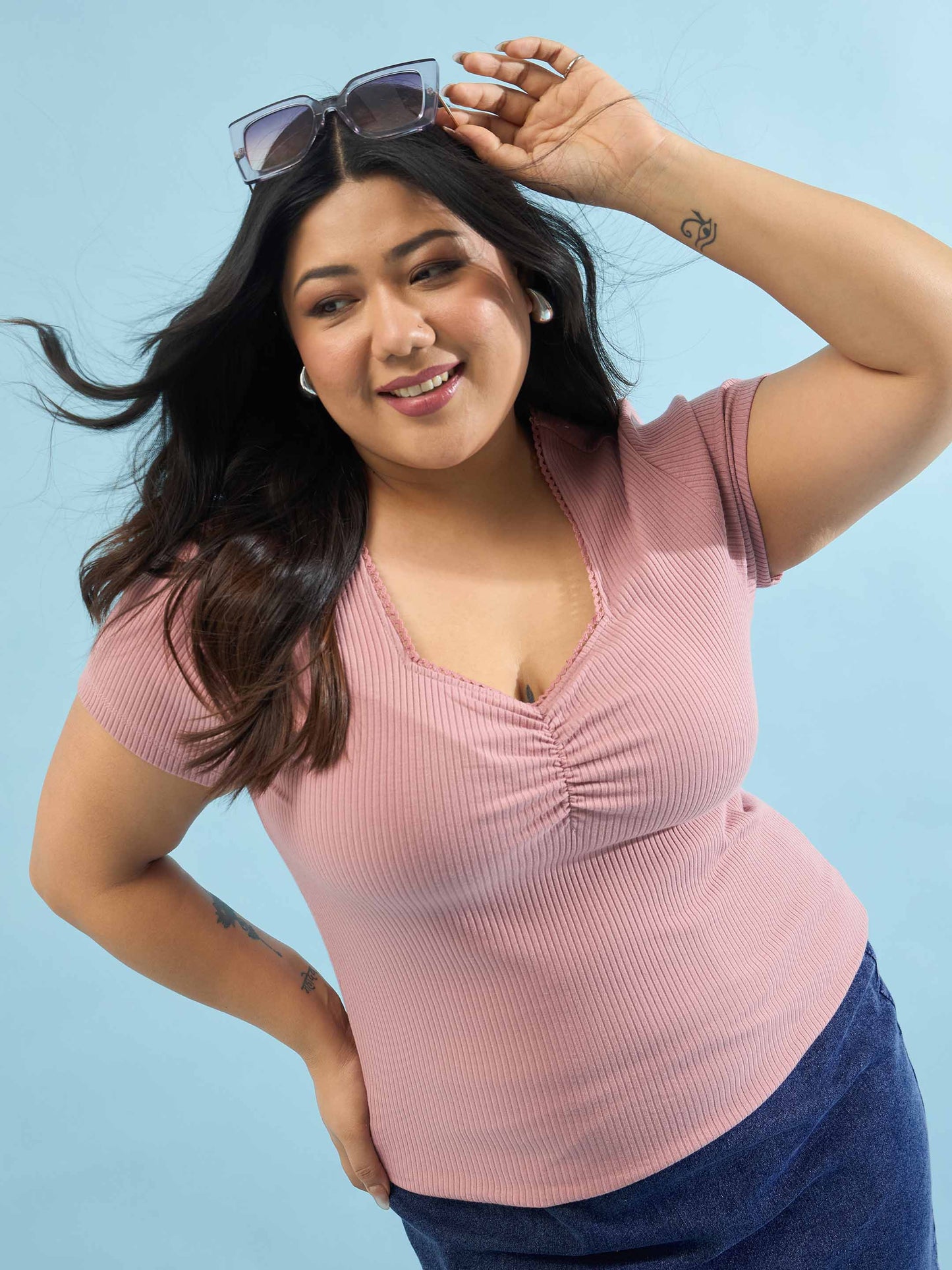 Pink Rib Front Ruched Lace Top
