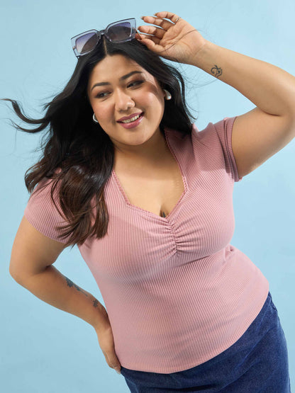 Pink Rib Front Ruched Lace Top