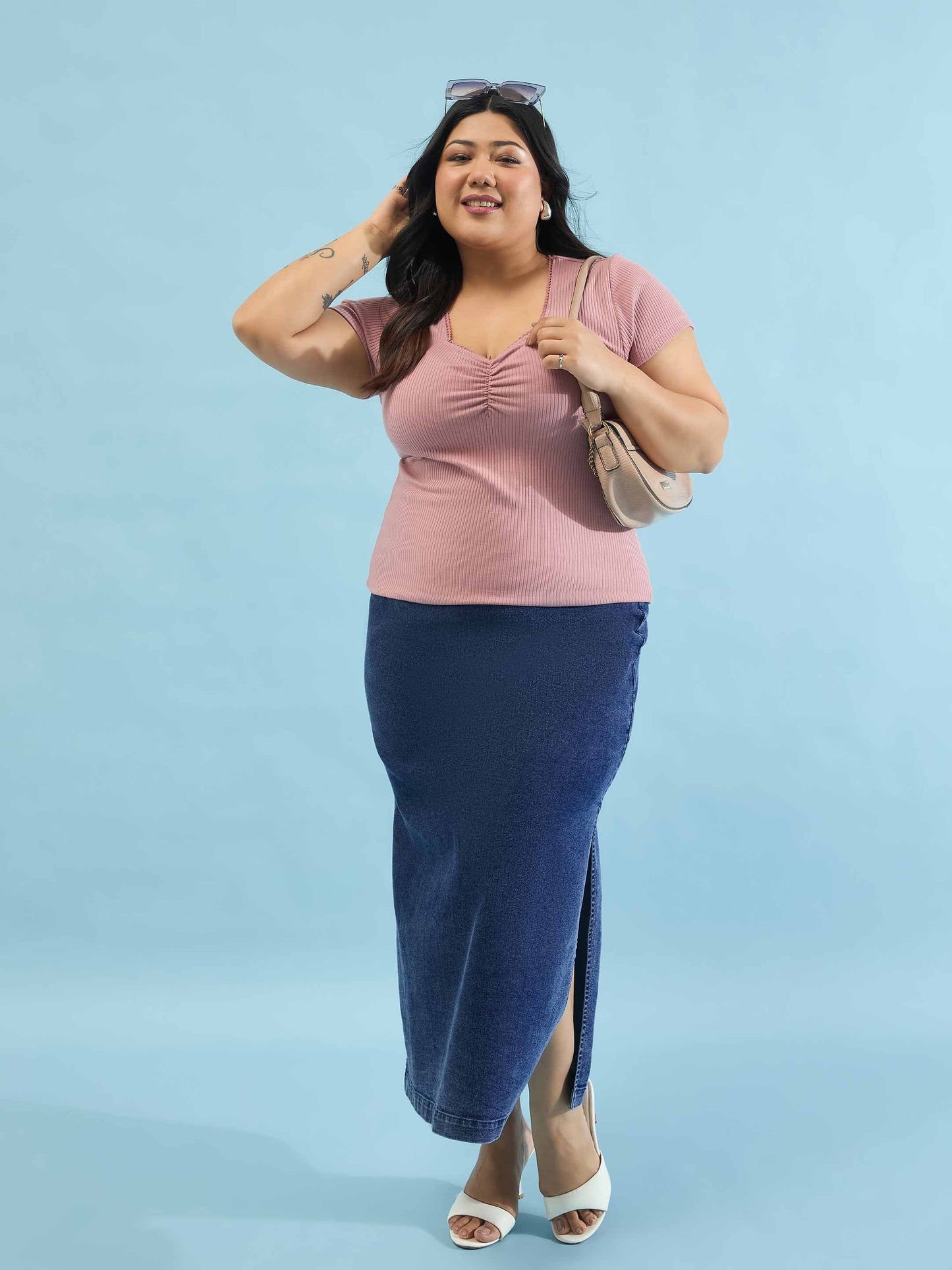 Pink Rib Front Ruched Lace Top