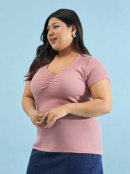 Pink Rib Front Ruched Lace Top