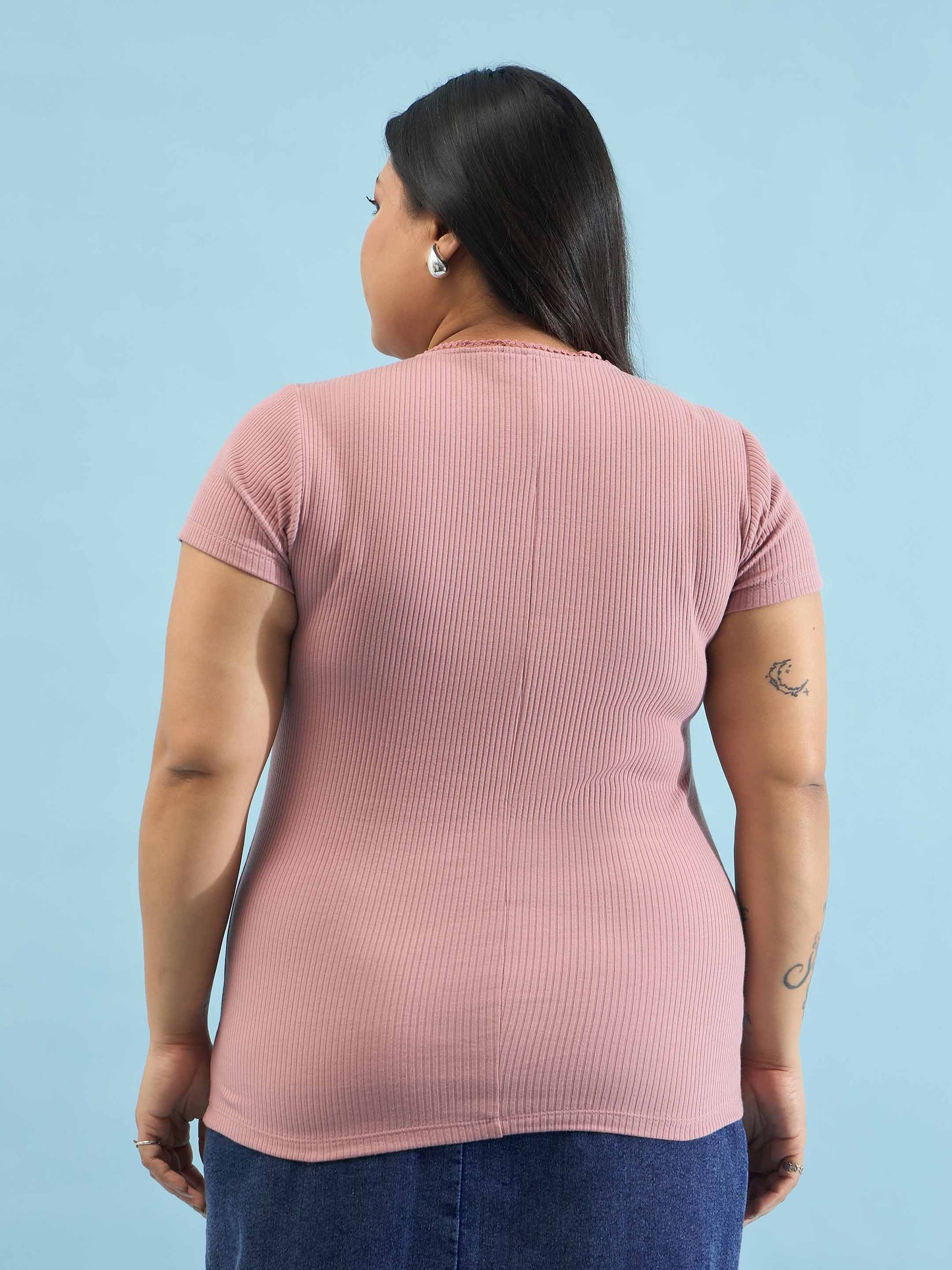 Pink Rib Front Ruched Lace Top