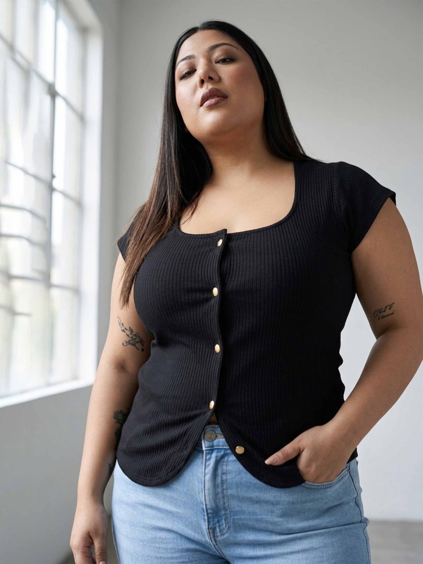 Black Rib Square-Neck Button Down Top