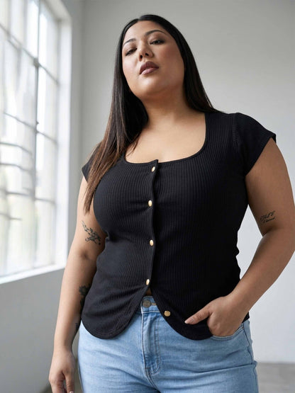 Black Rib Square-Neck Button Down Top