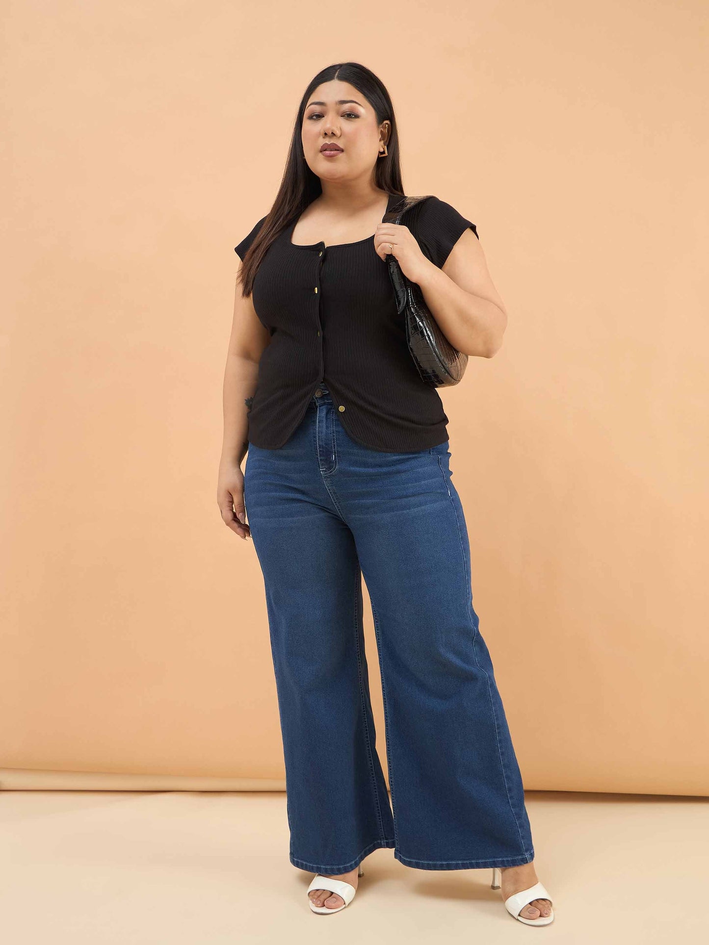 Black Rib Square-Neck Button Down Top