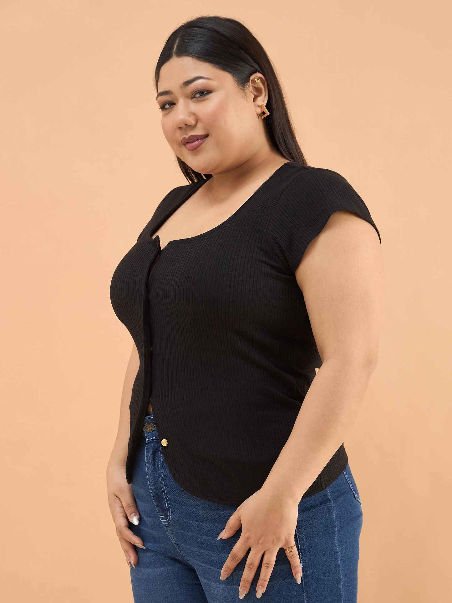 Black Rib Square-Neck Button Down Top