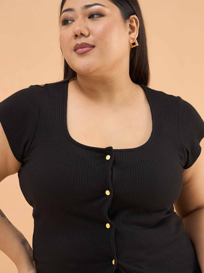 Black Rib Square-Neck Button Down Top