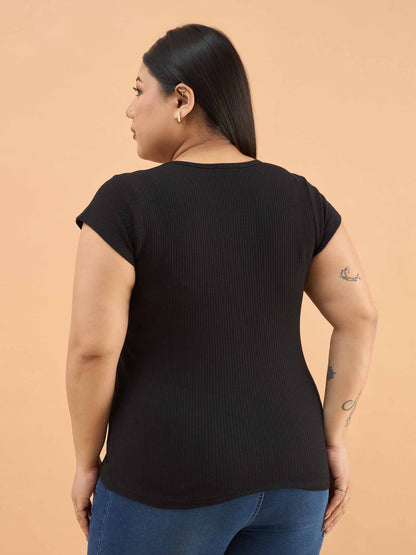 Black Rib Square-Neck Button Down Top
