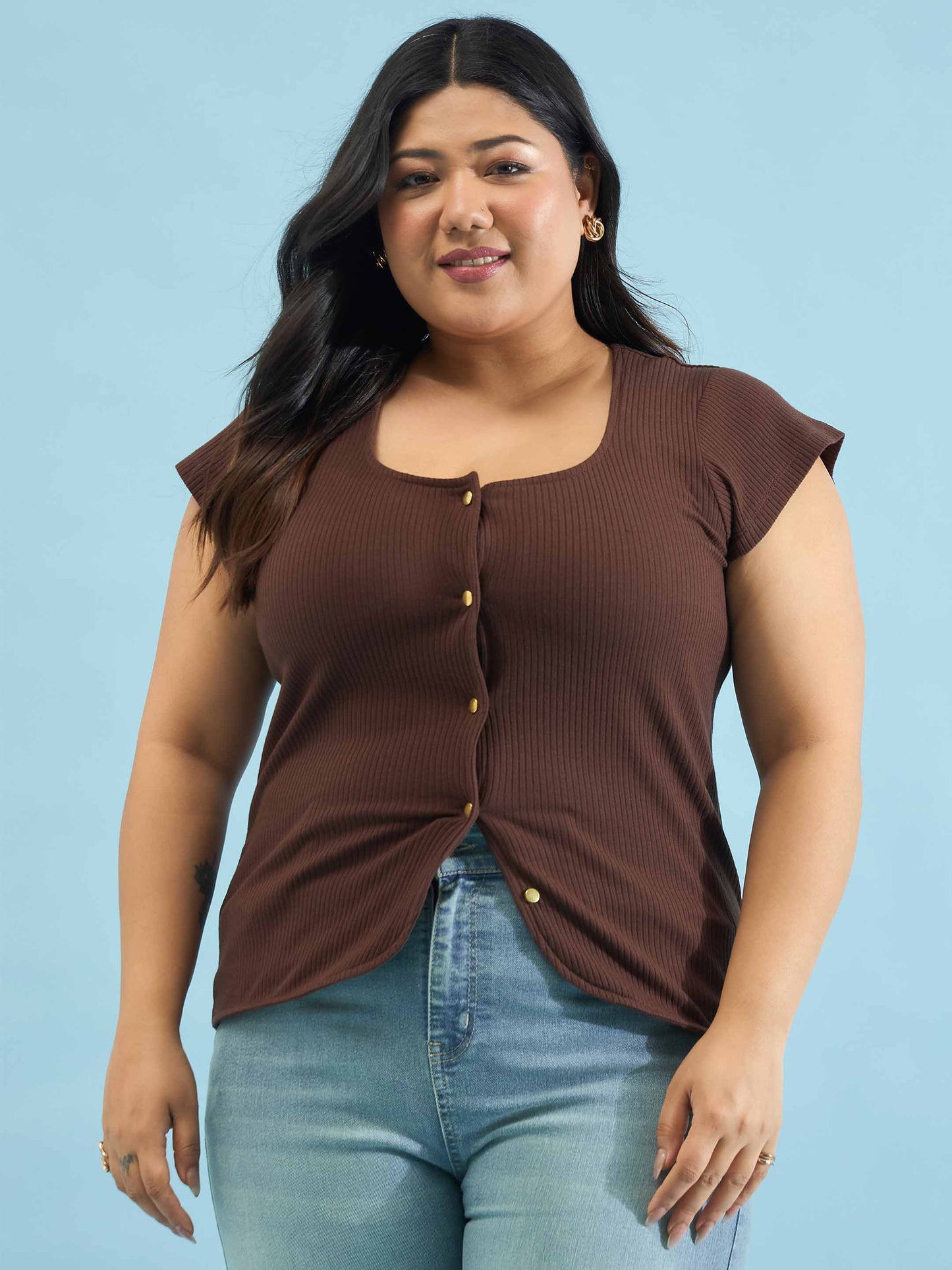 Brown Rib Square-Neck Button Down Top