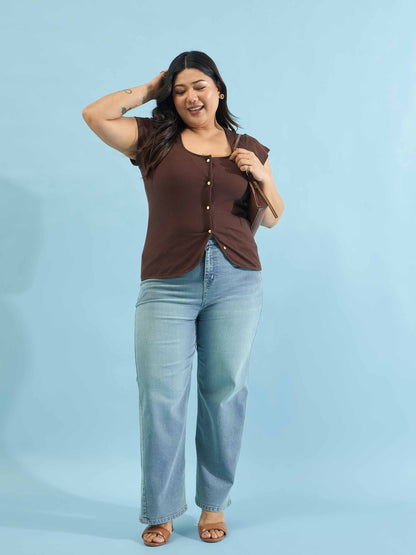 Brown Rib Square-Neck Button Down Top