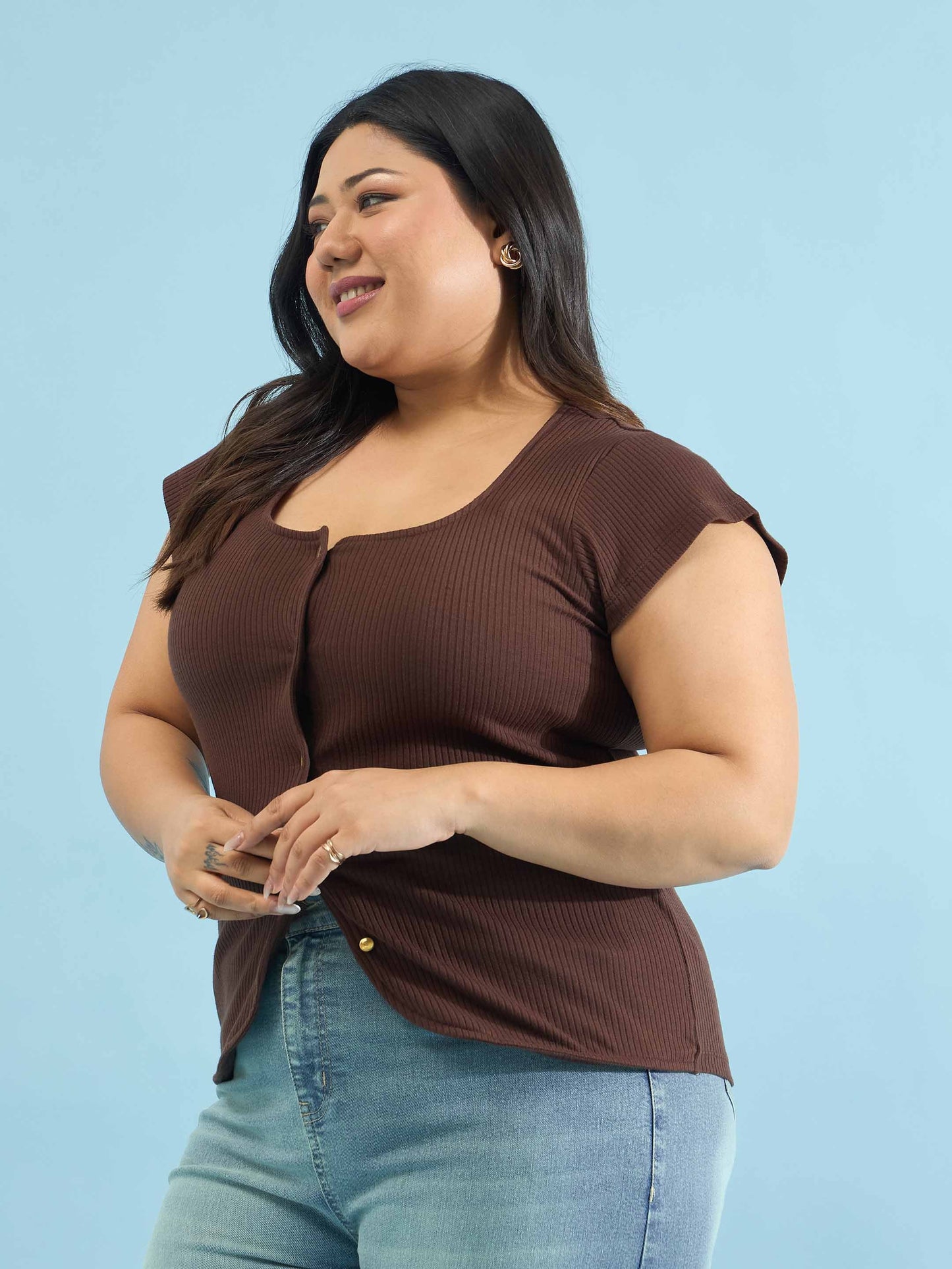 Brown Rib Square-Neck Button Down Top