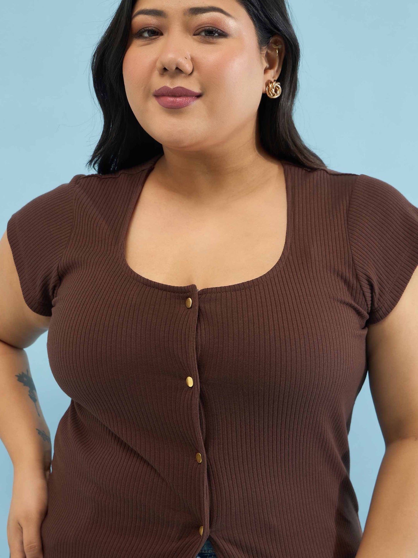 Brown Rib Square-Neck Button Down Top