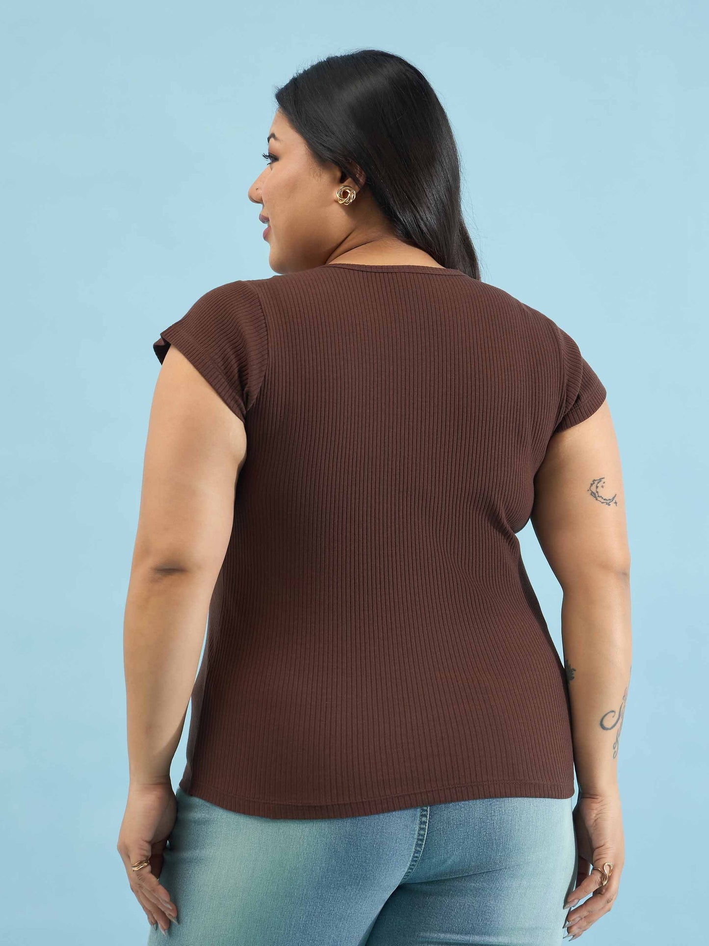Brown Rib Square-Neck Button Down Top