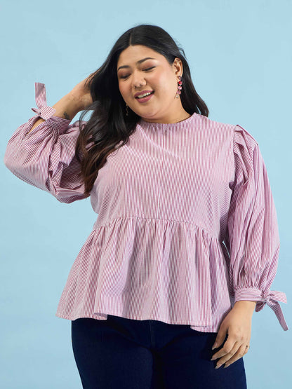 Maroon Stripes Sleeves Tie-Knot Peplum Top