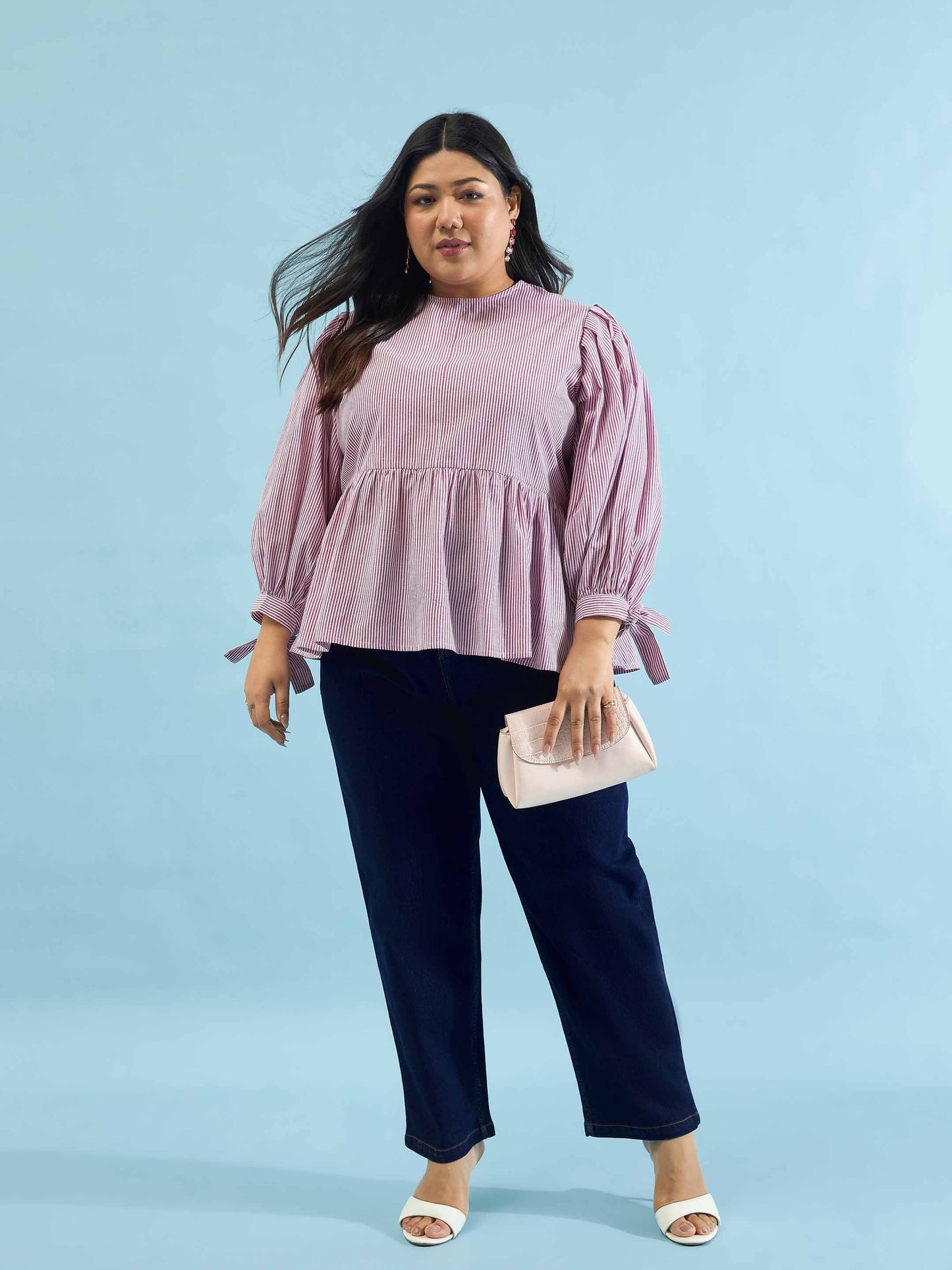 Maroon Stripes Sleeves Tie-Knot Peplum Top
