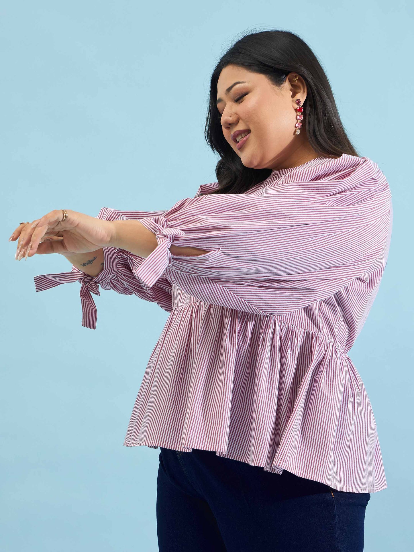 Maroon Stripes Sleeves Tie-Knot Peplum Top