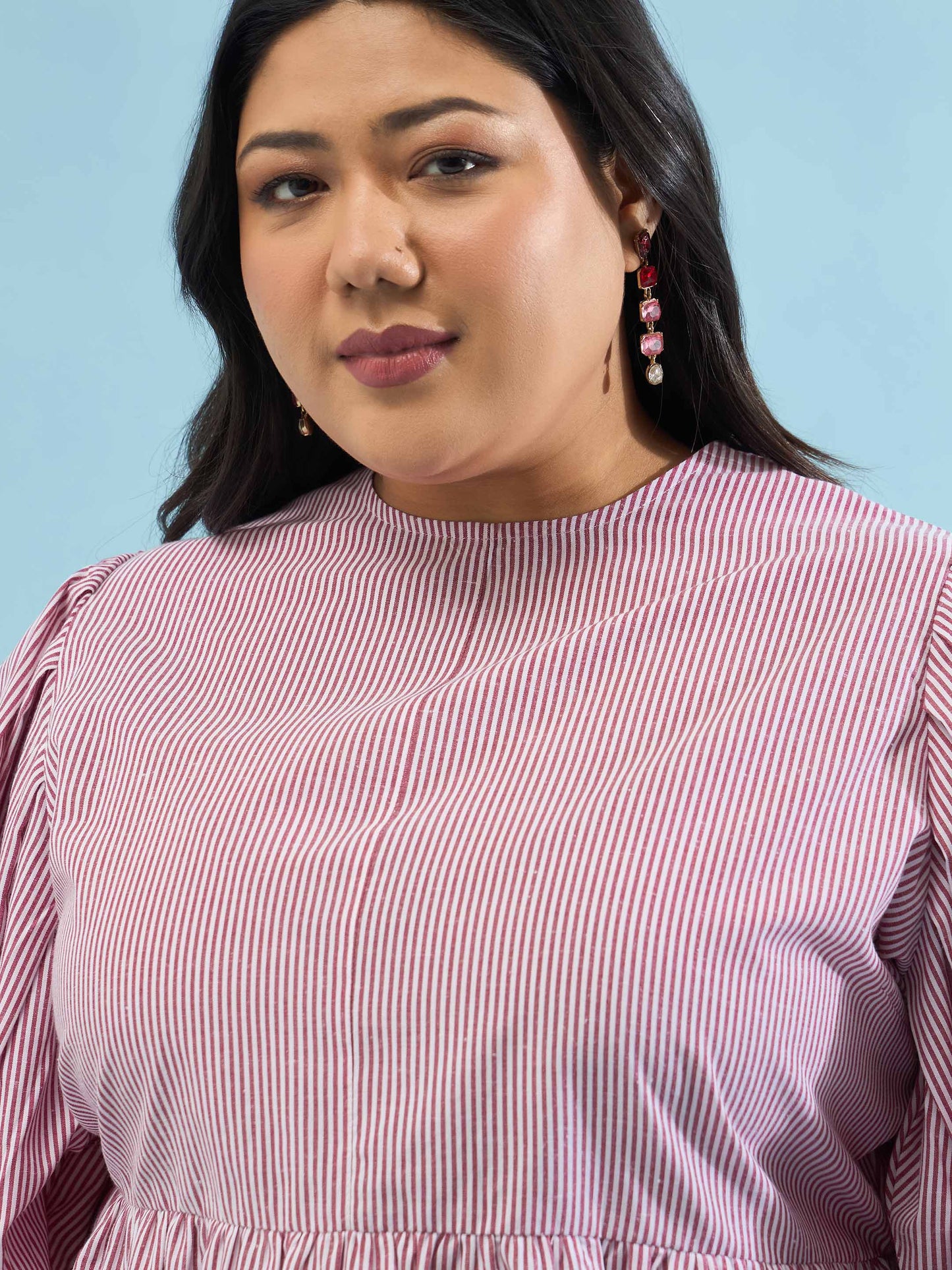 Maroon Stripes Sleeves Tie-Knot Peplum Top
