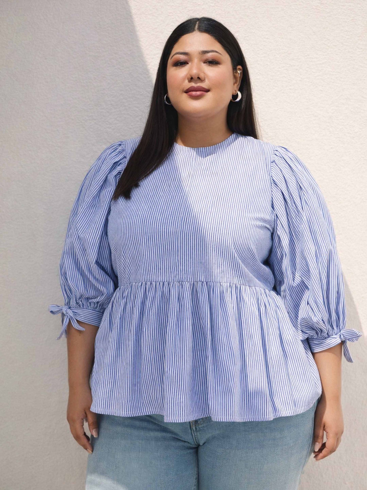 Blue Stripes Sleeves Tie-Knot Peplum Top