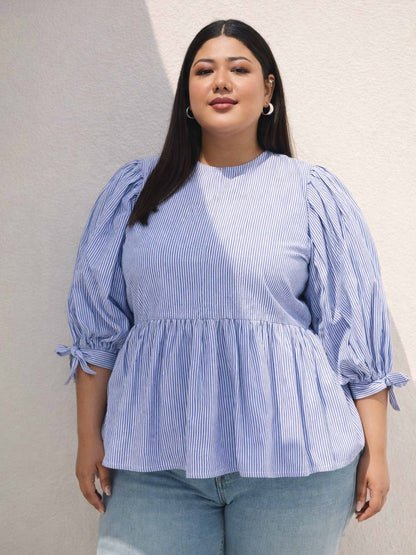 Blue Stripes Sleeves Tie-Knot Peplum Top