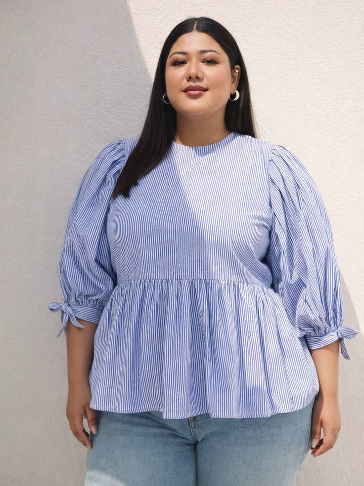 Blue Stripes Sleeves Tie-Knot Peplum Top