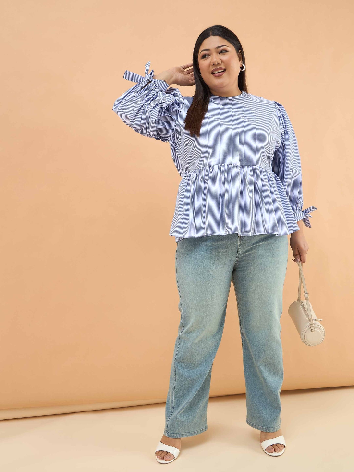 Blue Stripes Sleeves Tie-Knot Peplum Top