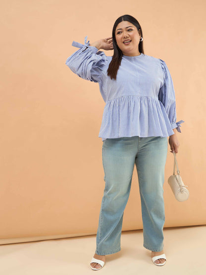 Blue Stripes Sleeves Tie-Knot Peplum Top