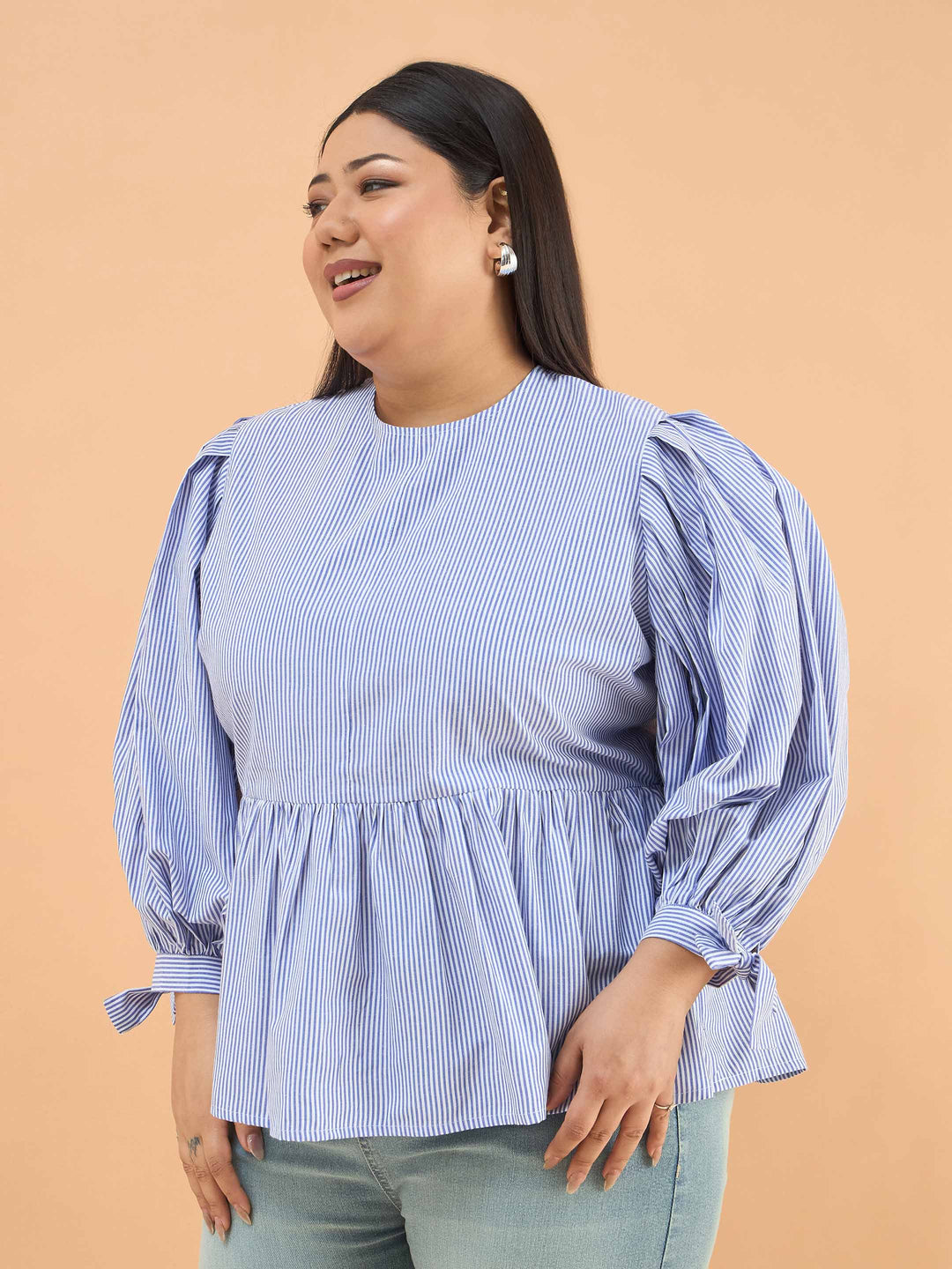 Blue Stripes Sleeves Tie-Knot Peplum Top
