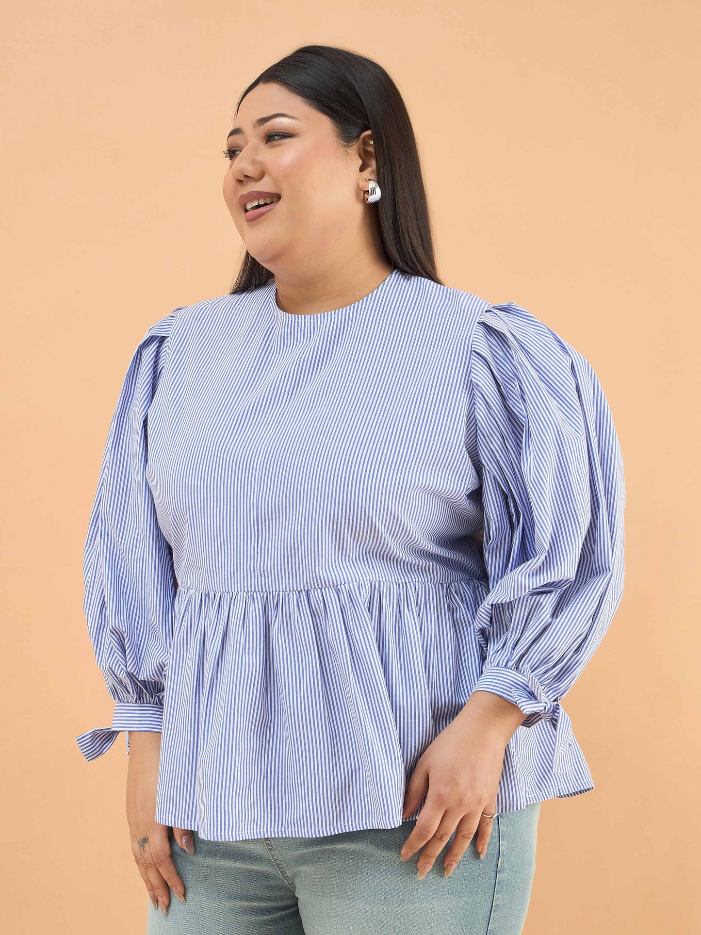 Blue Stripes Sleeves Tie-Knot Peplum Top