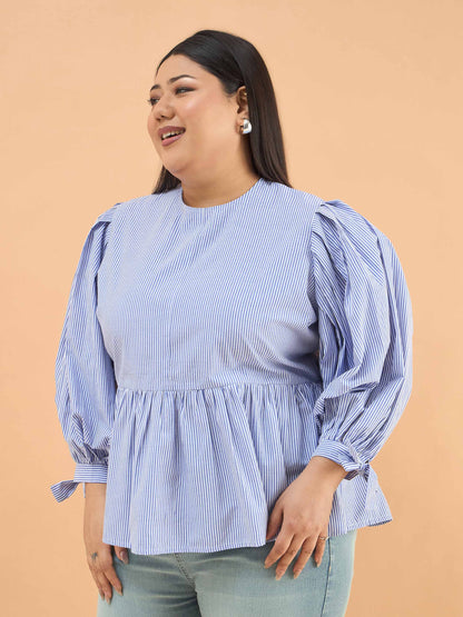 Blue Stripes Sleeves Tie-Knot Peplum Top