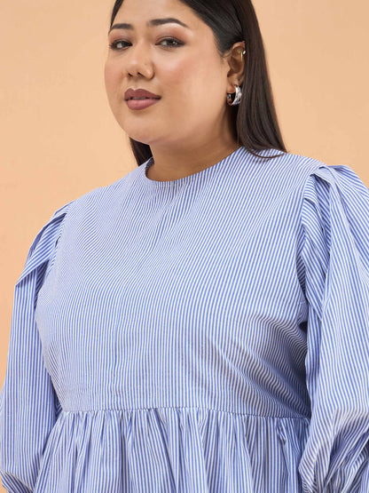 Blue Stripes Sleeves Tie-Knot Peplum Top