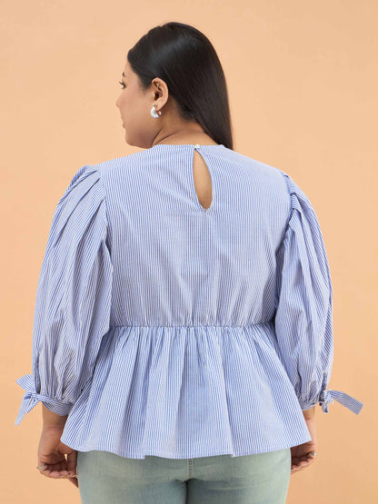 Blue Stripes Sleeves Tie-Knot Peplum Top
