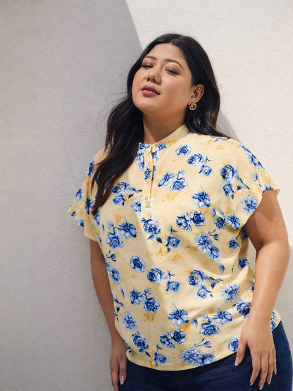 Yellow Floral Mandarin Collar Regular Top