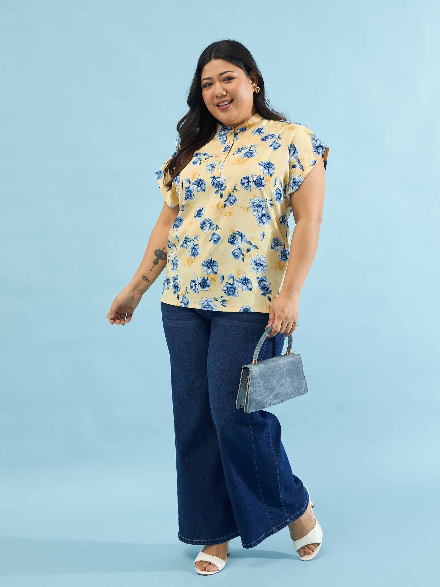 Yellow Floral Mandarin Collar Regular Top