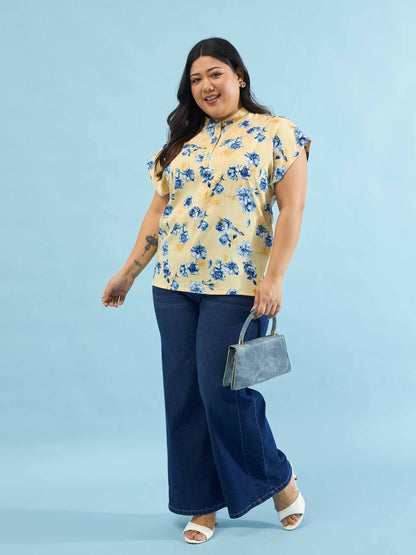 Yellow Floral Mandarin Collar Regular Top