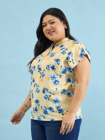 Yellow Floral Mandarin Collar Regular Top