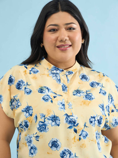 Yellow Floral Mandarin Collar Regular Top