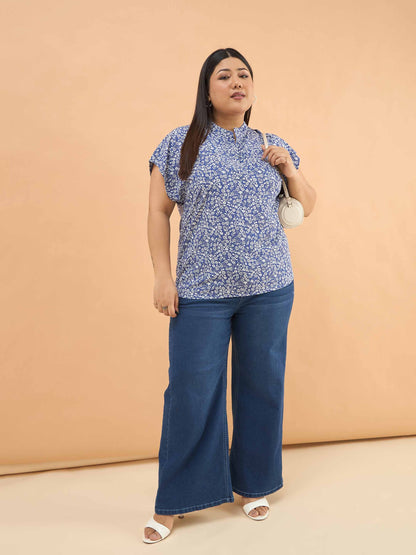 Blue Ditsy Floral Mandarin Collar Regular Top