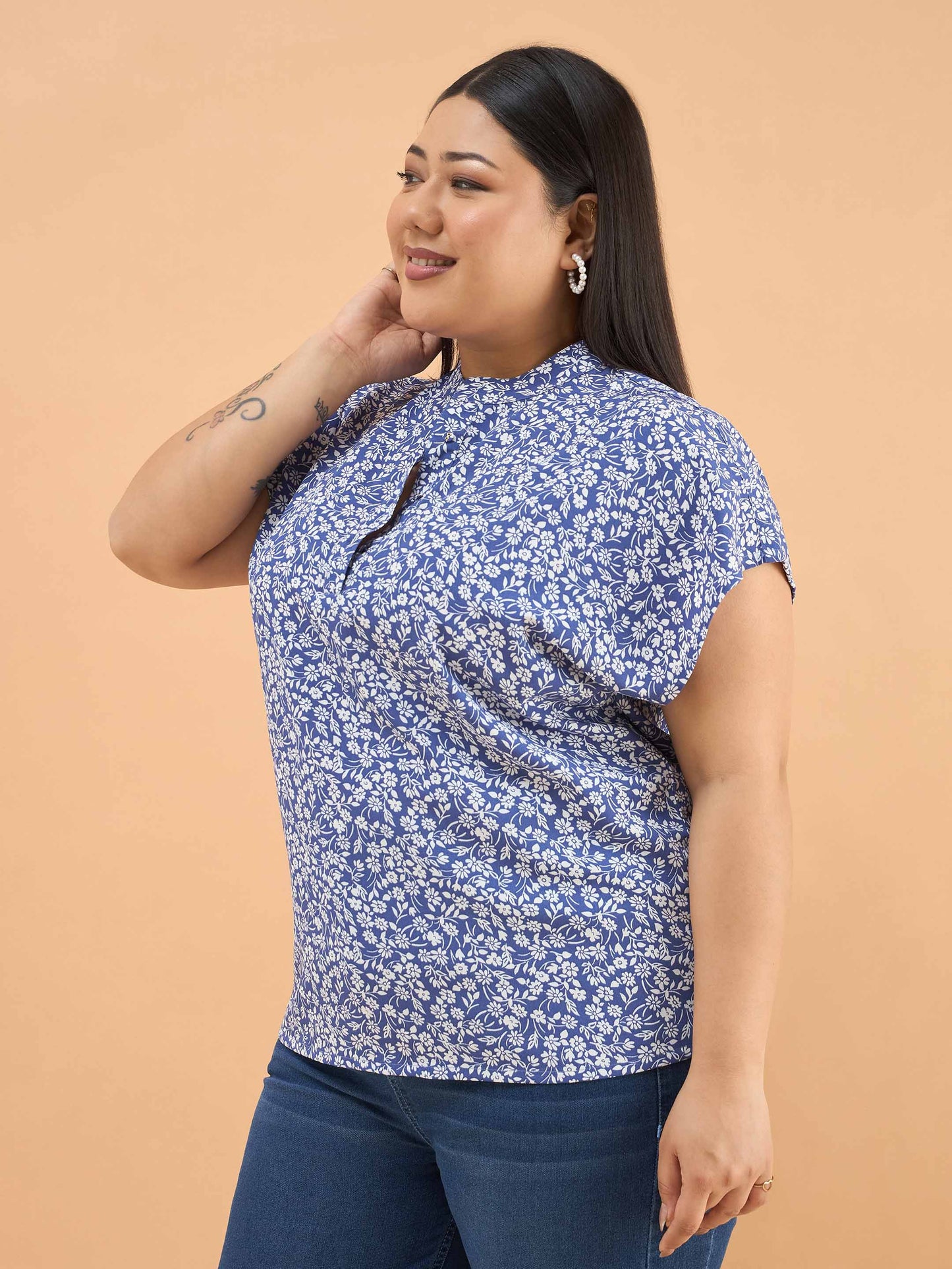 Blue Ditsy Floral Mandarin Collar Regular Top