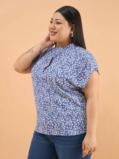 Blue Ditsy Floral Mandarin Collar Regular Top