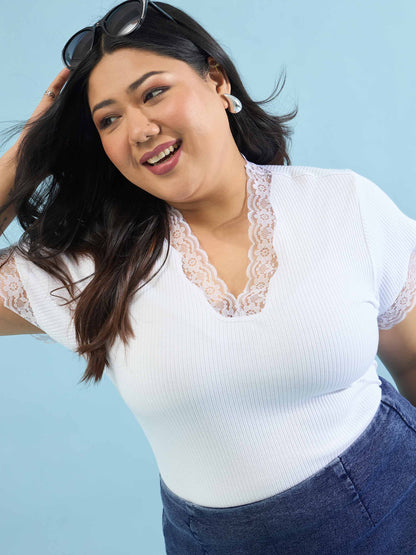 White Rib V Neck Lace Top