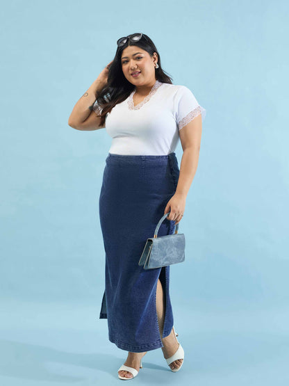White Rib V Neck Lace Top