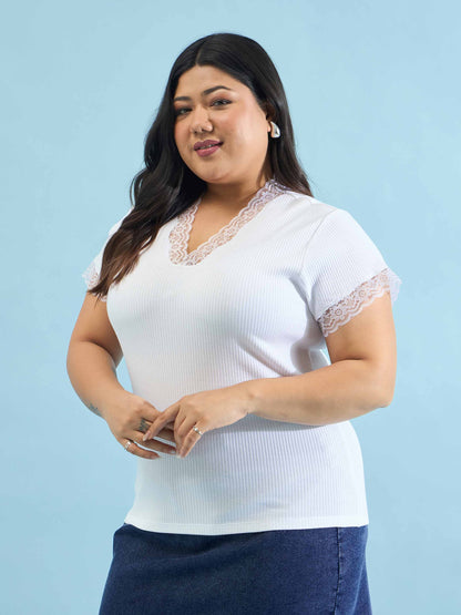 White Rib V Neck Lace Top