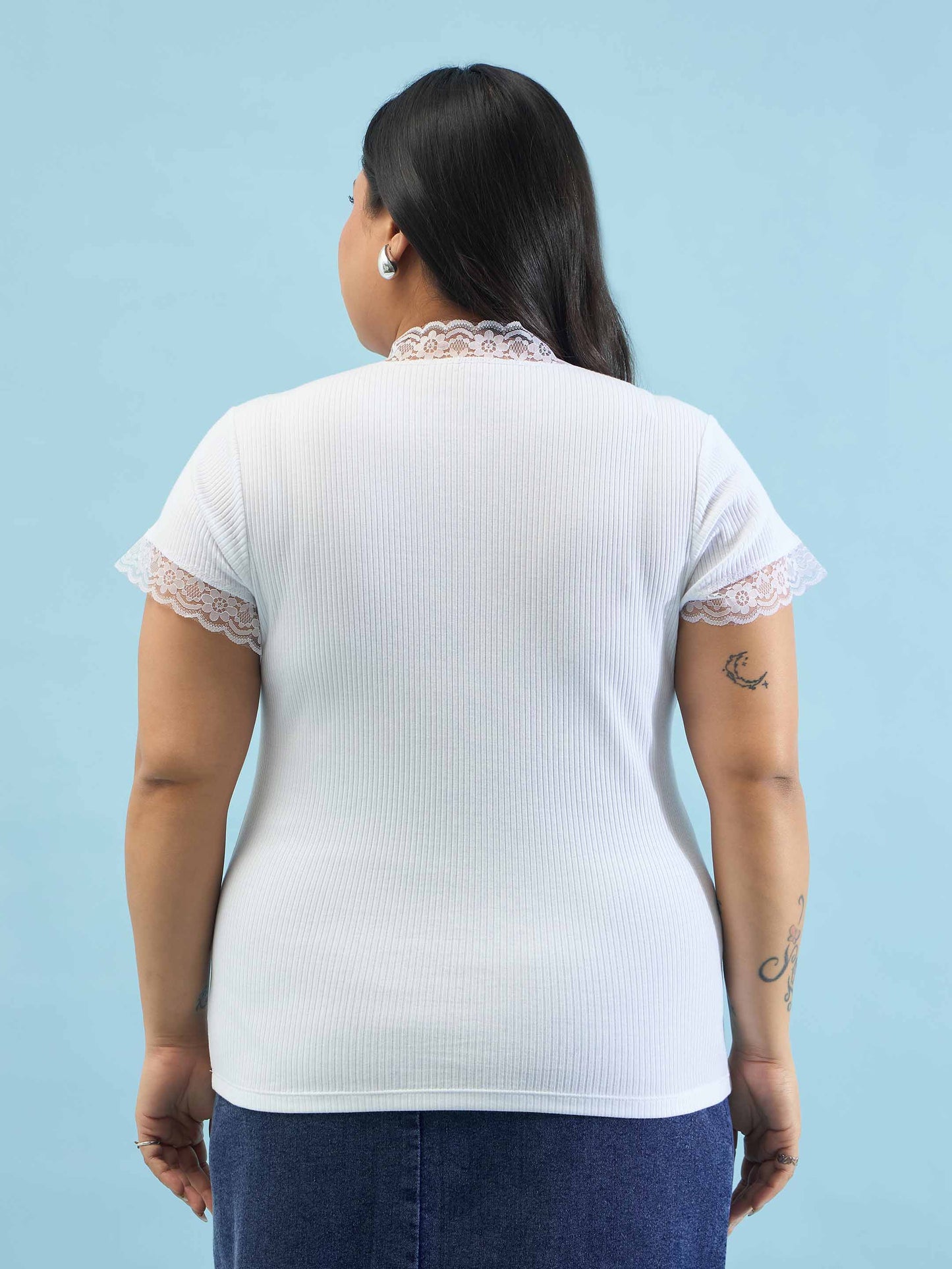 White Rib V Neck Lace Top