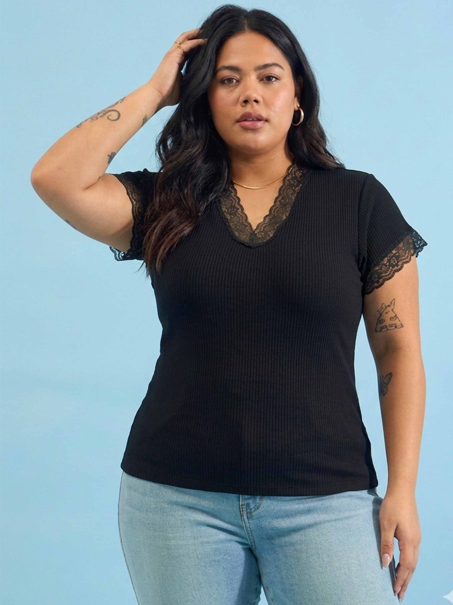 Black Rib V Neck Lace Top