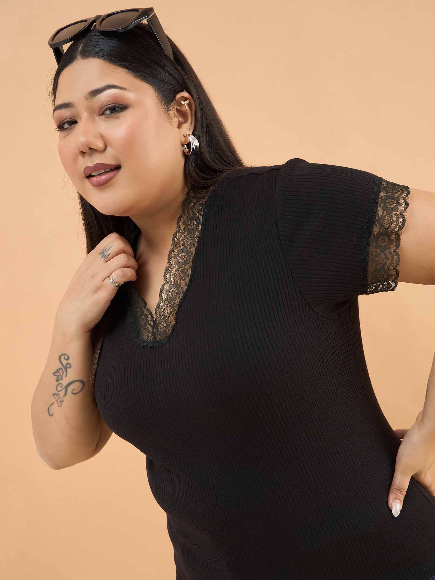 Black Rib V Neck Lace Top