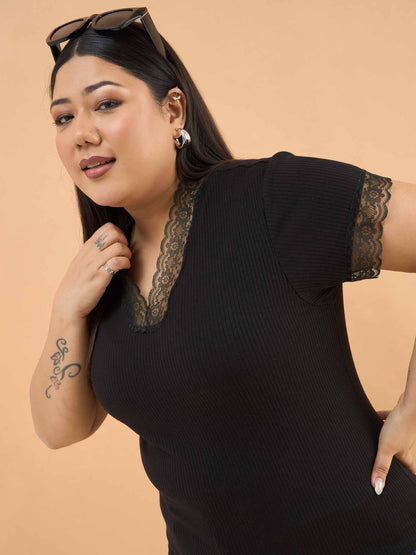 Black Rib V Neck Lace Top