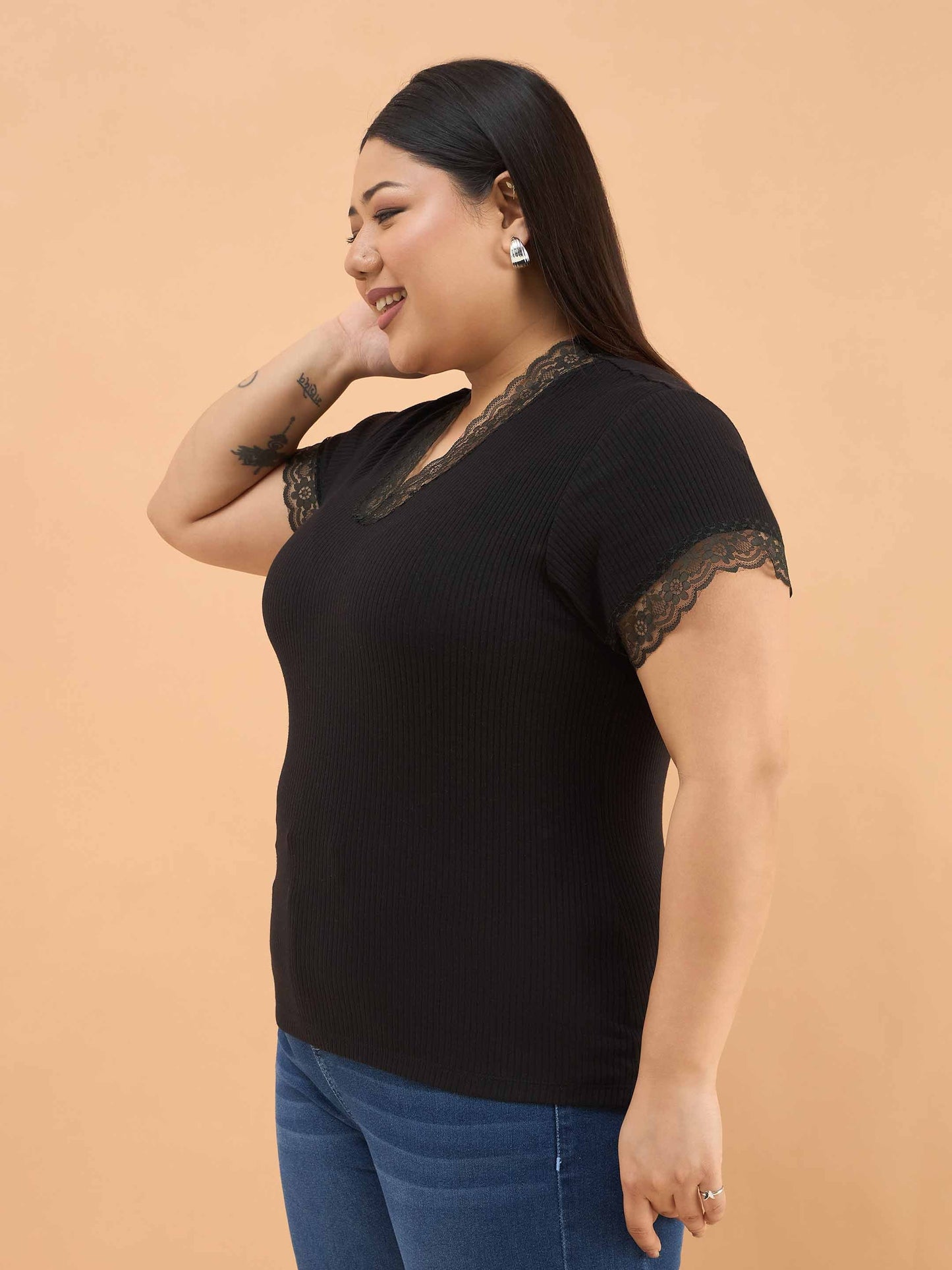 Black Rib V Neck Lace Top