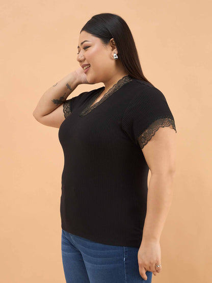 Black Rib V Neck Lace Top