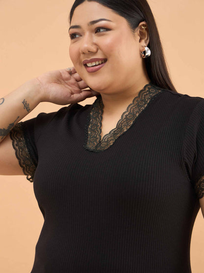 Black Rib V Neck Lace Top
