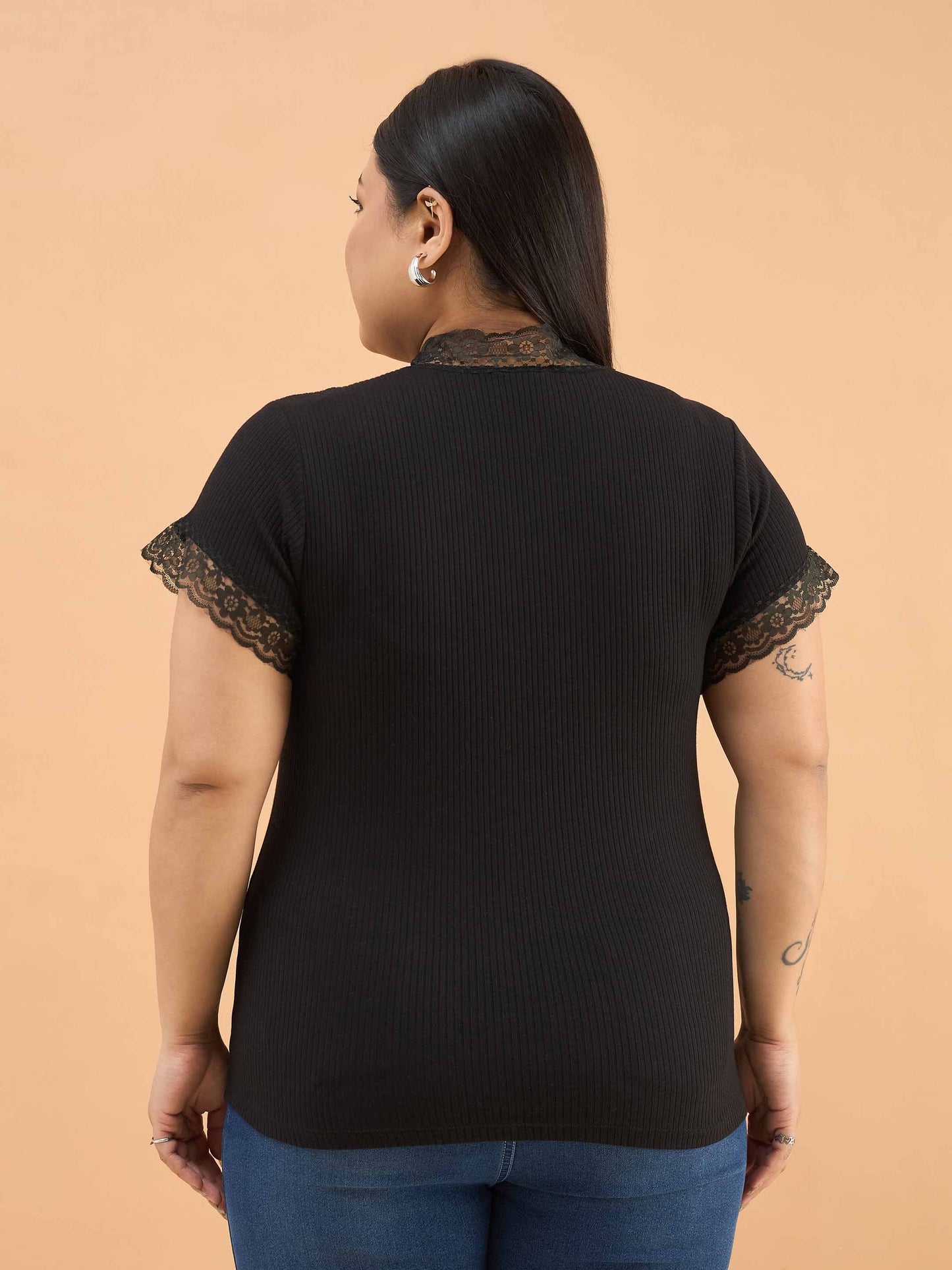 Black Rib V Neck Lace Top